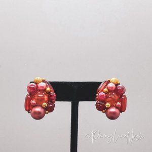 Vintage Red Pearl & Stone Oblong Cluster Clip Earrings